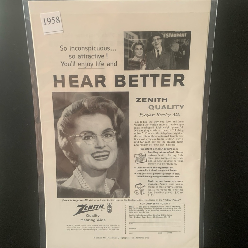 Vintage 1958 Zenith Hear Better Inconspicuous Attractive Enjoy Ad Advertisement
